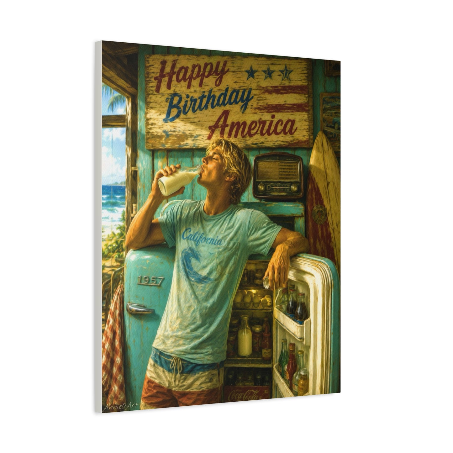 Happy Birthday America Canvas Wall Art — Retro Beach Guy Patriotic Home Decor