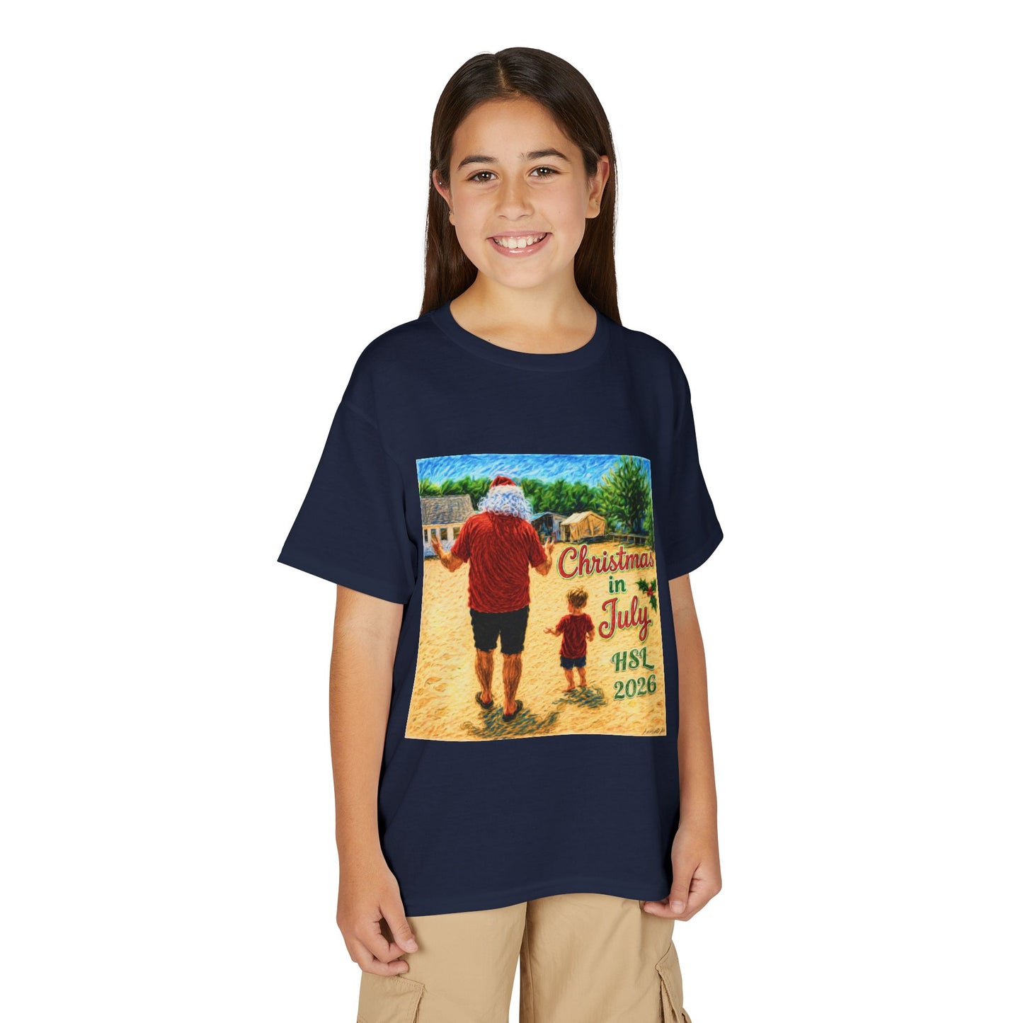 Youth T-Shirt — "Christmas in July" Beach Santa Kids Tee (HSL 2026)