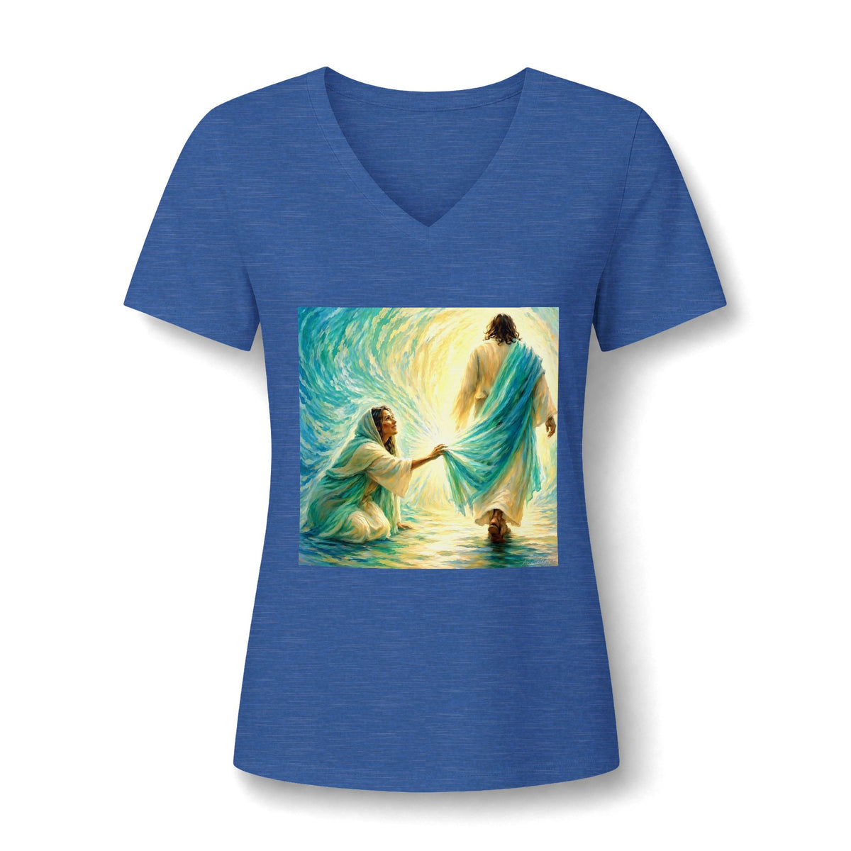 Women's V-Neck Tee — 'He Lifts Us' Christian Inspirational Graphic Shirt