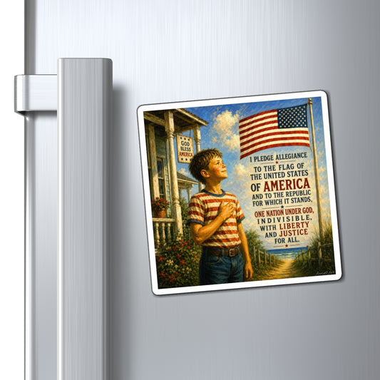 ‘Kid Level Learning’ Patriotic Pledge Fridge Magnet — Boy Saluting American Flag with 'I Pledge Allegiance' Text