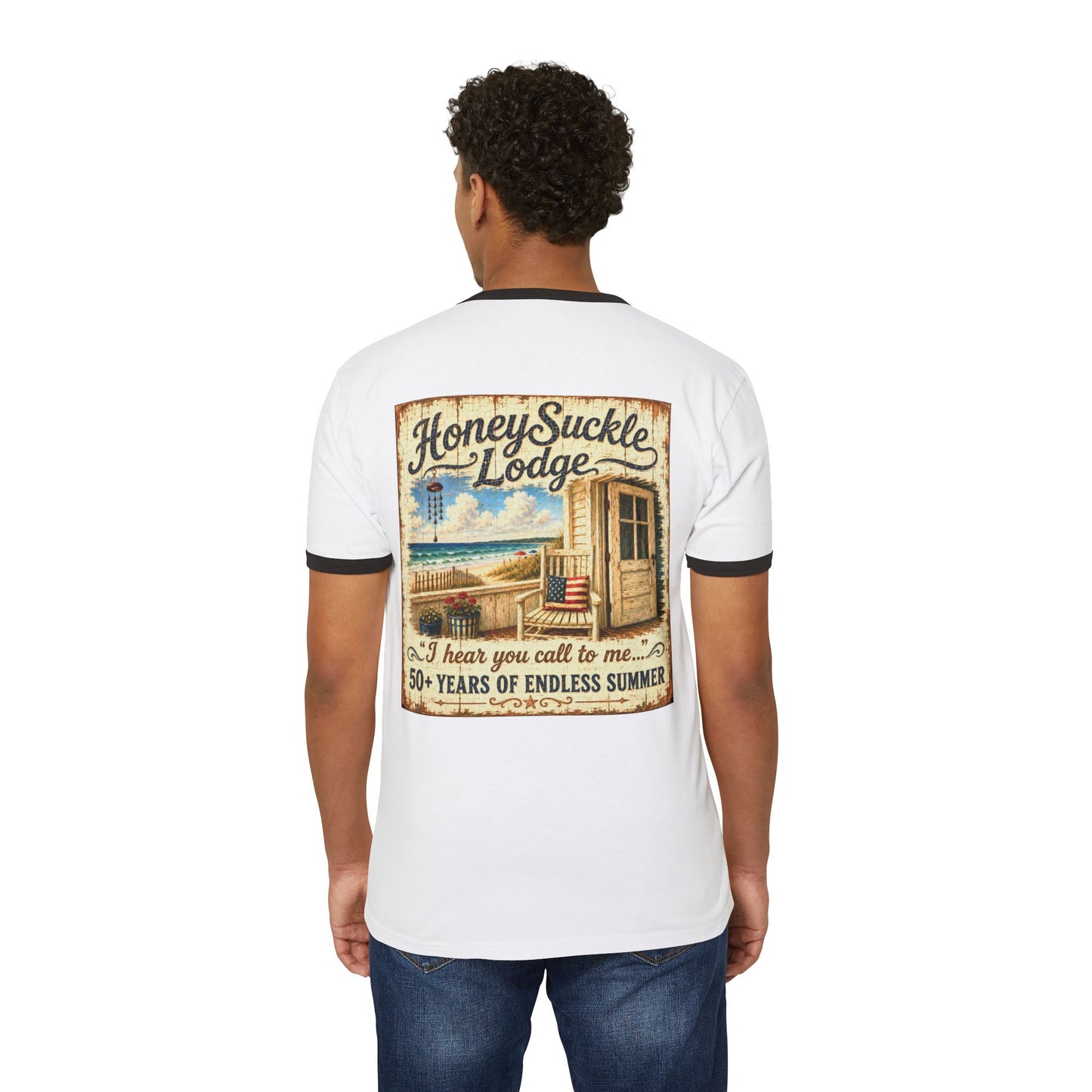 Happy 250th America Ringer T‑Shirt — Honeysuckle Lodge Vintage Beach Graphic