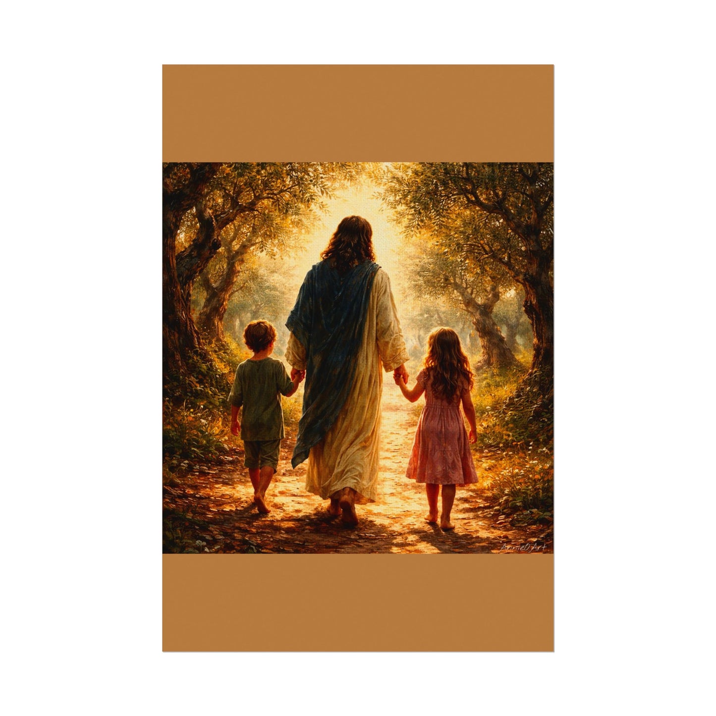 Jesus Walking with Children Watercolor Poster — Textured Matte Wall Art