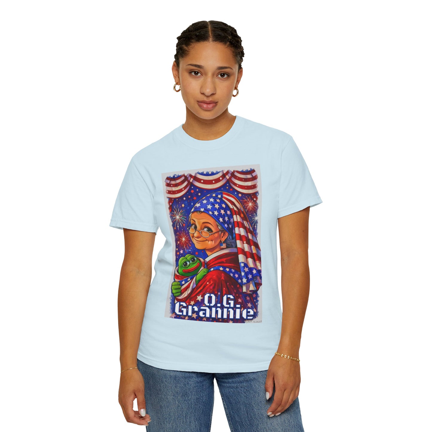 Grandmas Patriotic Original Gansta “OG Grannie” T-Shirt — American Flag Grandma w baby Pepe Graphic Tee