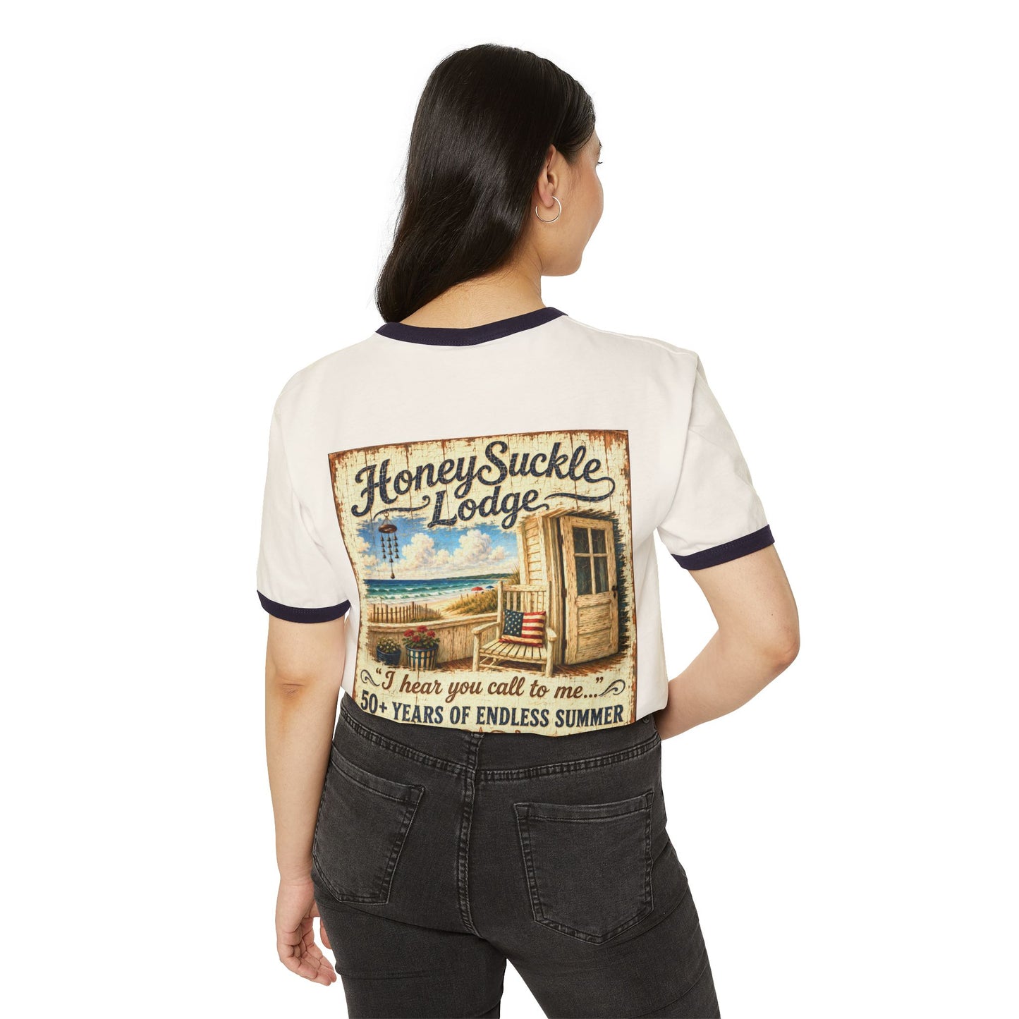 Happy 250th America Ringer T‑Shirt — Honeysuckle Lodge Vintage Beach Graphic