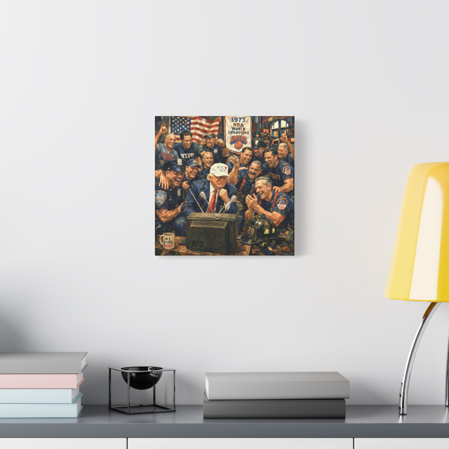 Trump Patriotic NYC Firefighters  Matte Stretched Canvas — Vintage NYPD Tribute Wall Art