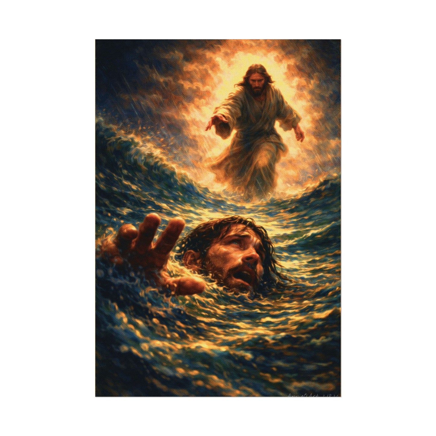 Jesus saving Peter Painting— Poster
