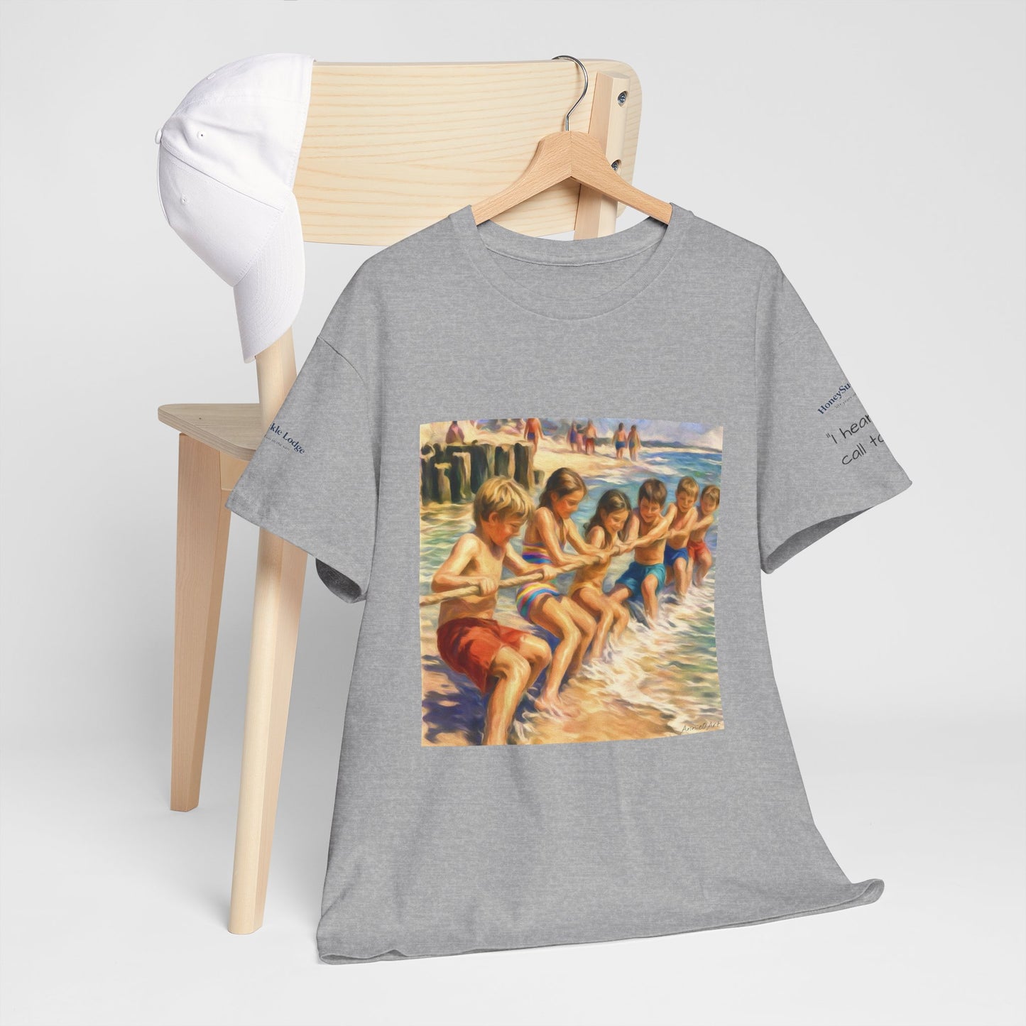 HoneySuckle Lodge Vintage Beach T-Shirt — "50+ years of fun in the sun" Retro Kids on Shore Design