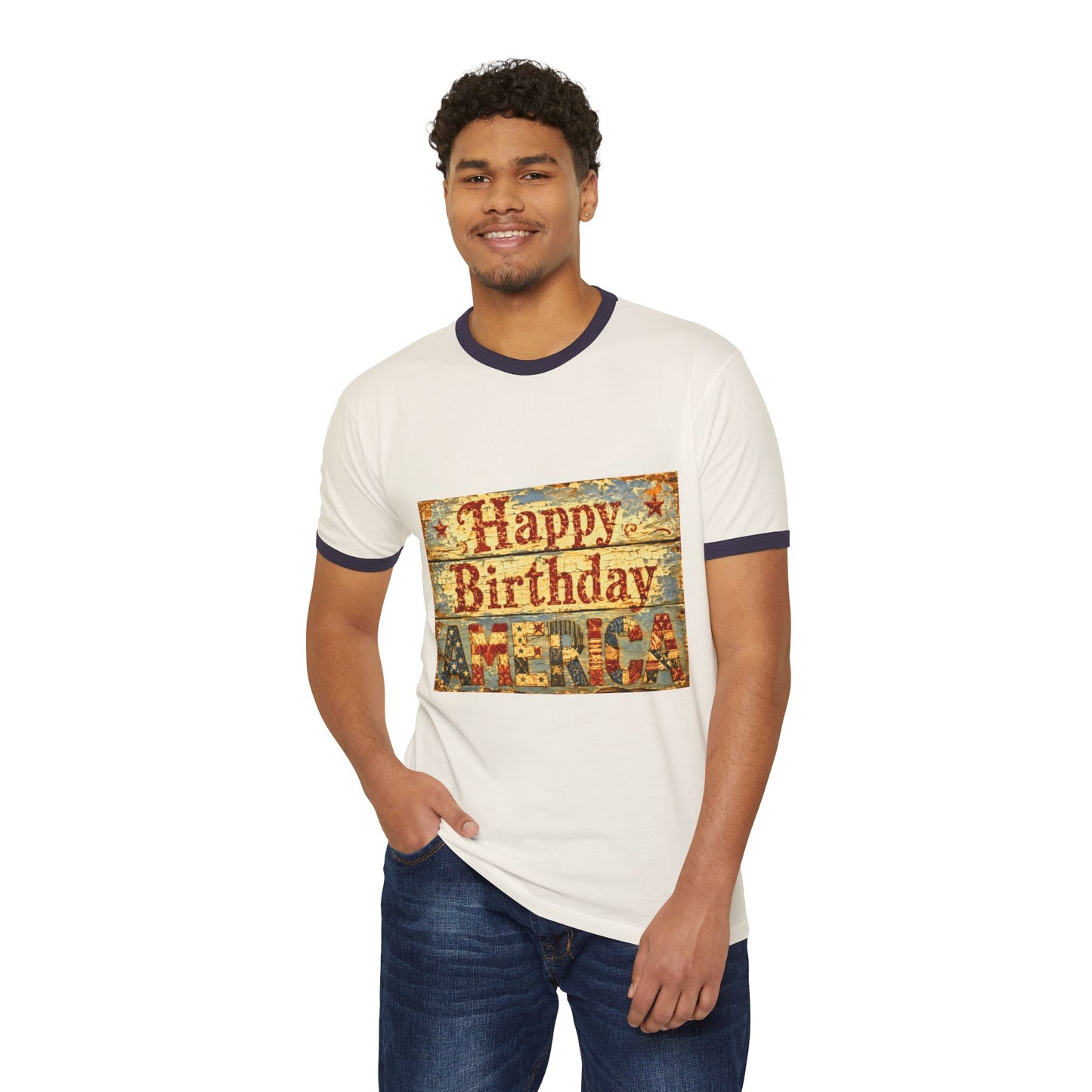 Happy Birthday America Ringer T-Shirt — Vintage Patriotic Couple Design