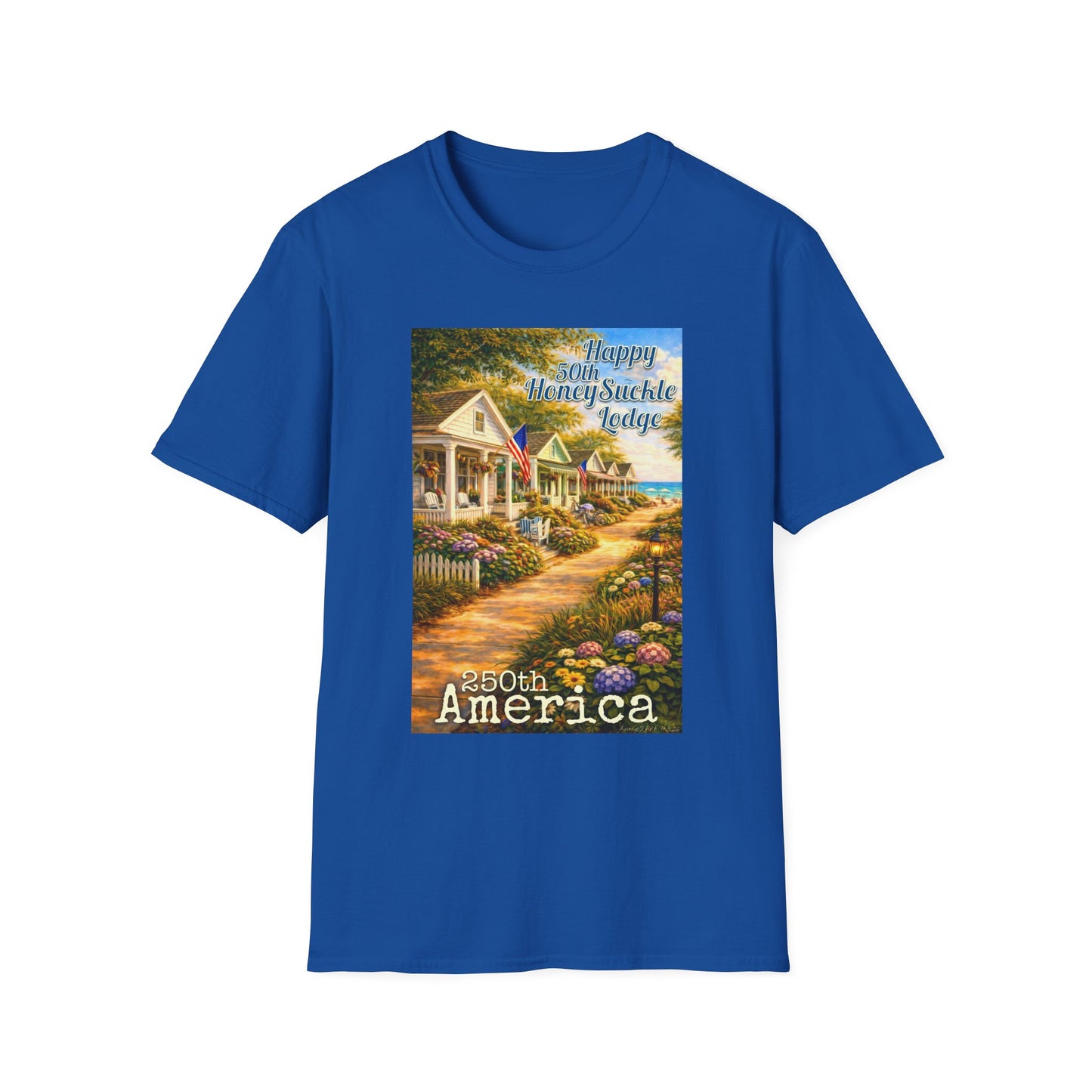 HoneySuckle Lodge 50th—America 250th Bungalow Path T-Shirt —Front & Back Design- Happy 250th Anniversary USA Patriotic Tee