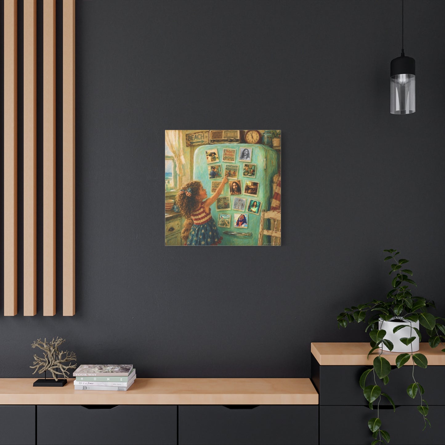 Americana Canvas Wall Art — Little Girl Pointing at Magnets on Vintage Fridge (Matte Stretched)