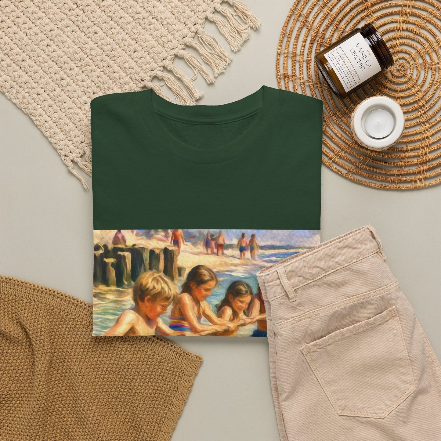 Honeysuckle Lodge Vintage Beach Print tee shirt front/back ("Honeysuckle Lodge - 50+ years of fun in the sun")