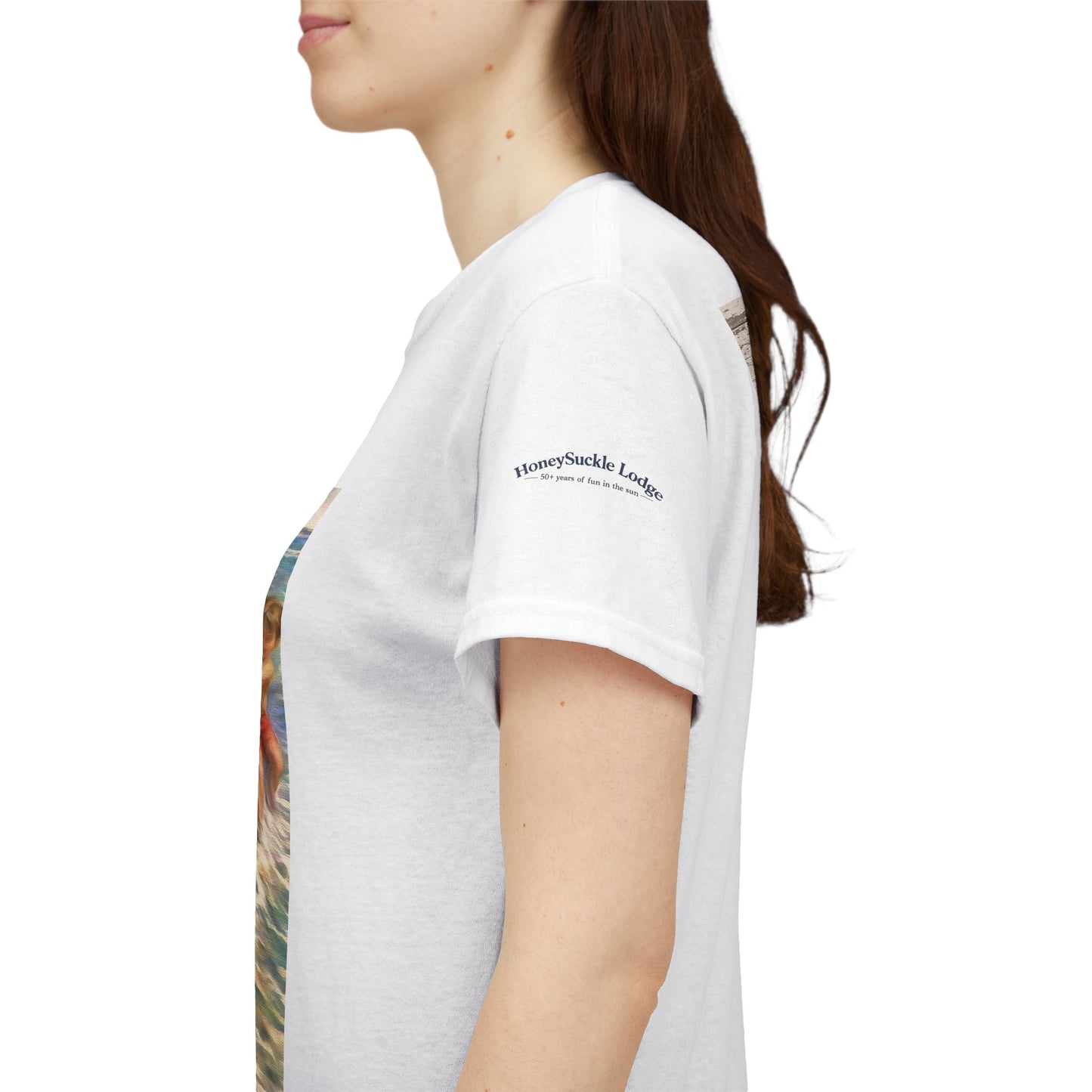 Honeysuckle Lodge Vintage Beach Print tee shirt front/back ("Honeysuckle Lodge - 50+ years of fun in the sun")