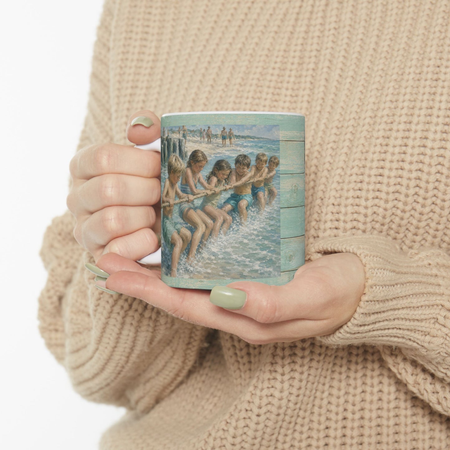 Beach Vintage-style Ceramic Mug – Tug-of-War by the Sea (11oz, 15oz)