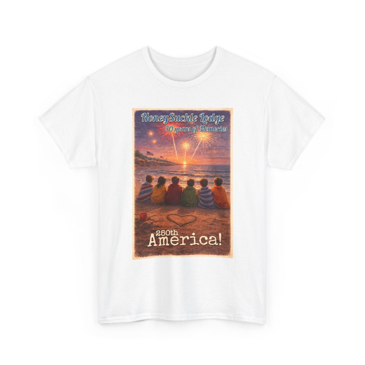 HoneySuckle Lodge 50th—Patriotic Sunset Beach T‑Shirt – 'God Bless America' Vintage Kids Watching Fireworks