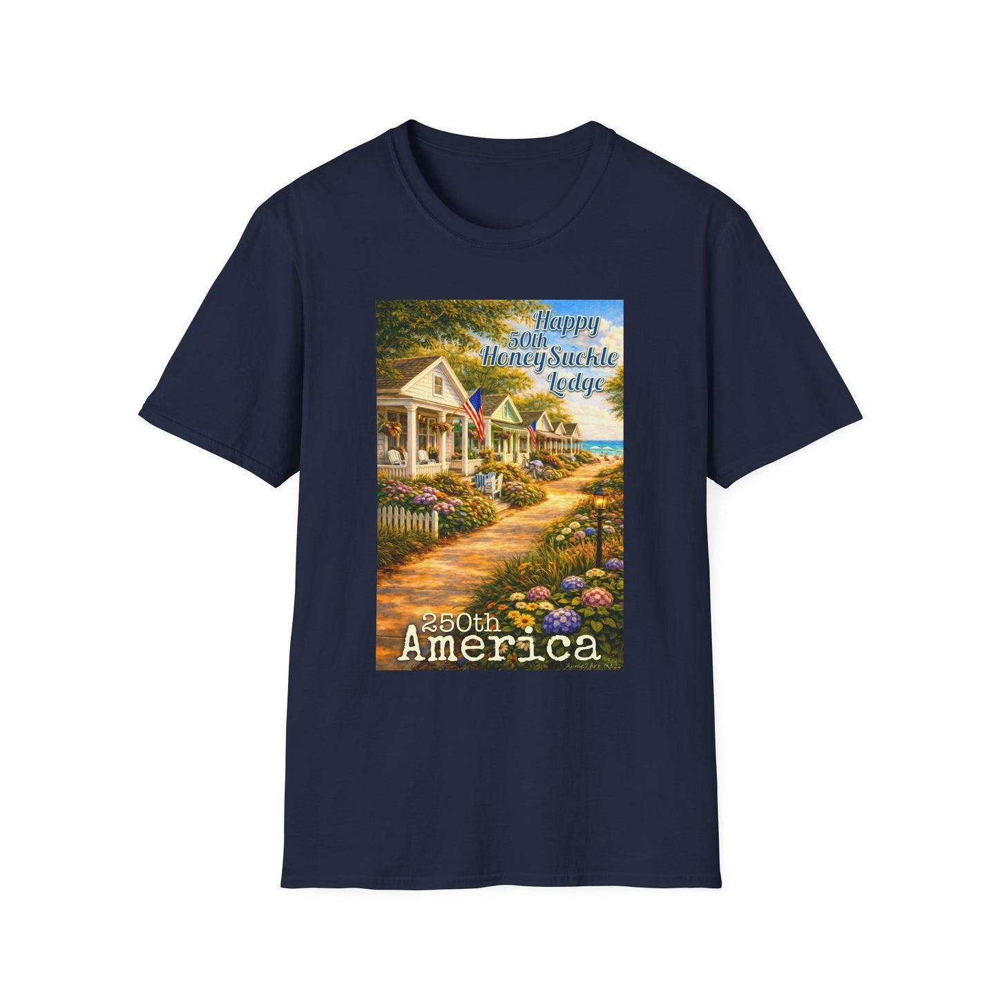 HoneySuckle Lodge 50th—America 250th Bungalow Path T-Shirt —Front & Back Design- Happy 250th Anniversary USA Patriotic Tee