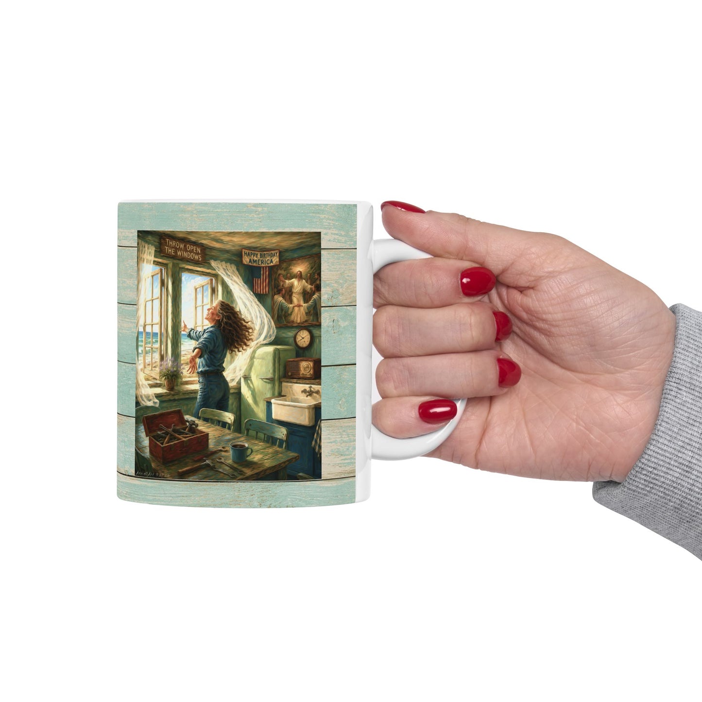 Coastal Vintage Beach Cottage Ceramic Mug — Seaside Window & Shells Design (11oz/15oz)