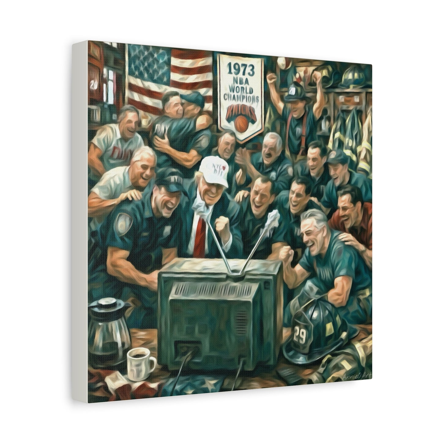 Trump Watching Knicks Game w/ FDNY &NYPD (Knicks 1973 Banner)