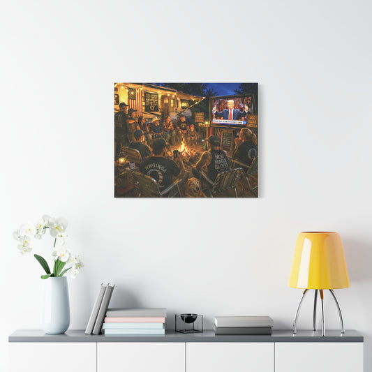 God Bless America—Campfire Scene Matte Canvas Wall Art - Patriotic RV Gathering with Trump TV—MAGA—WWG1WGA