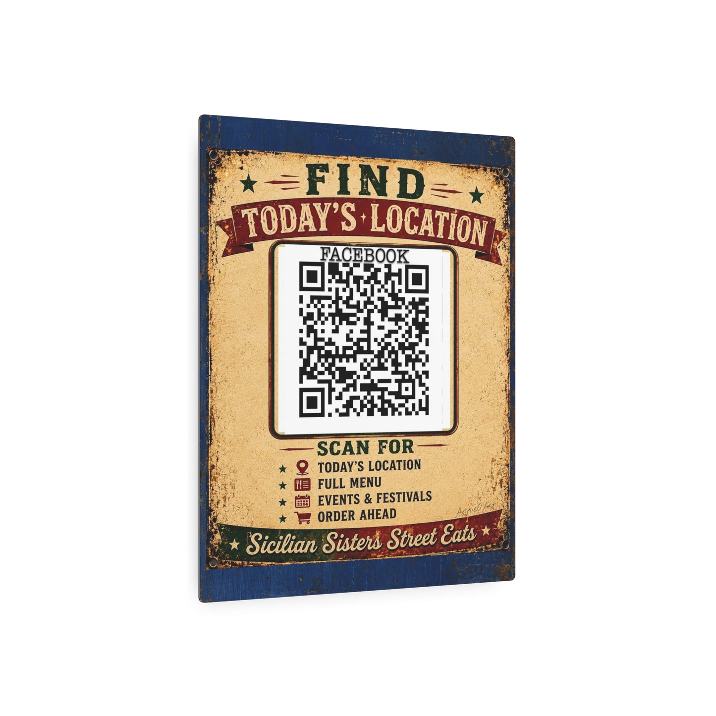 CUSTOM 16x20 for MANDY-Metal Art Sign • Vintage QR Code Menu Poster — Find Today's Location, Scan for Full Menu & Events