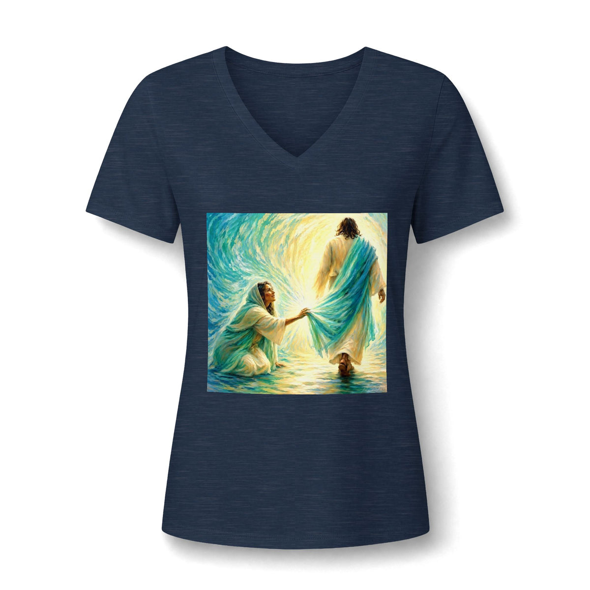 Women's V-Neck Tee — 'He Lifts Us' Christian Inspirational Graphic Shirt