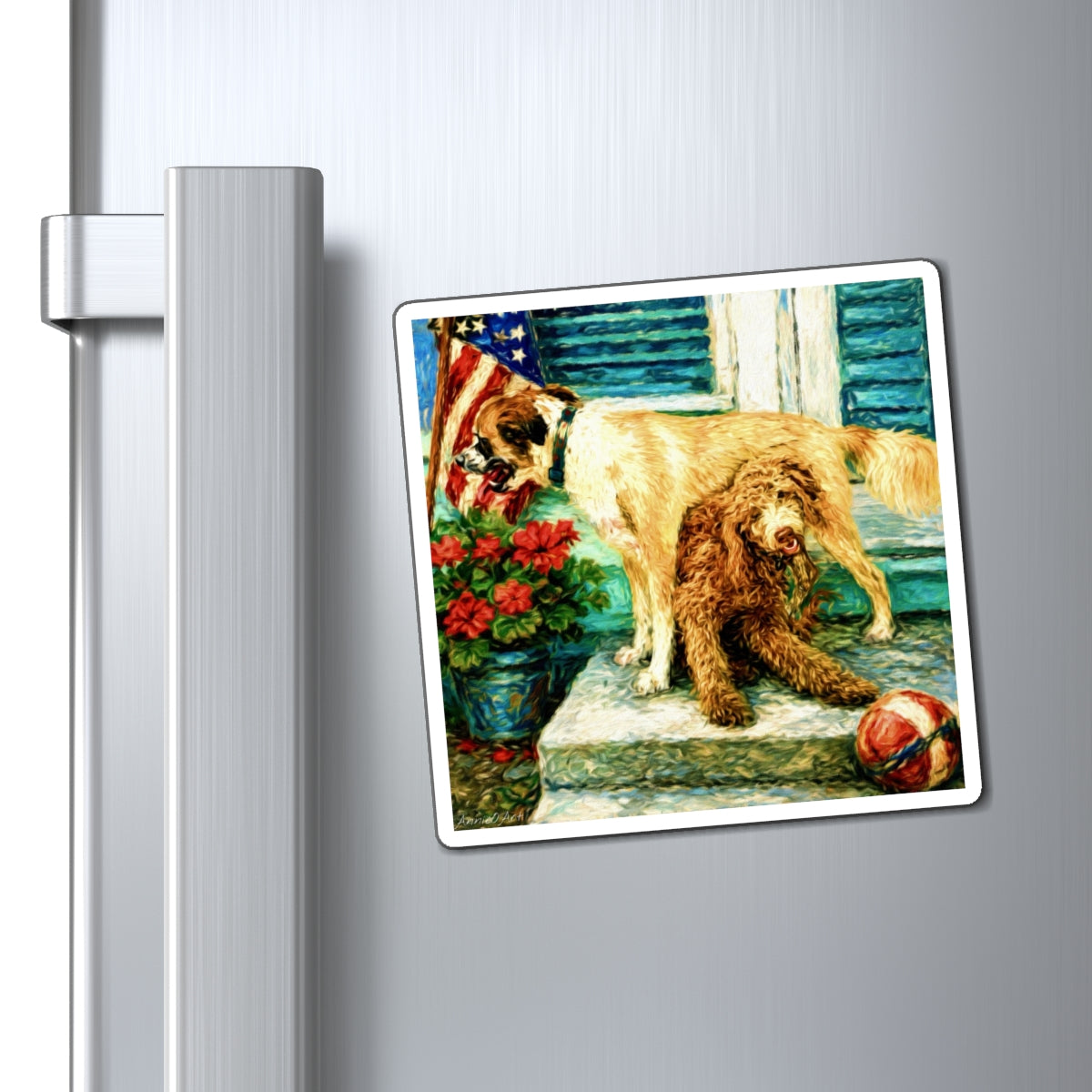 Patriotic Porch Dogs Magnet — Cute Summer Americana Refrigerator Magnet