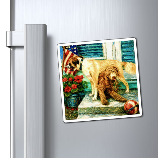 Patriotic Porch Dogs Magnet — Cute Summer Americana Refrigerator Magnet