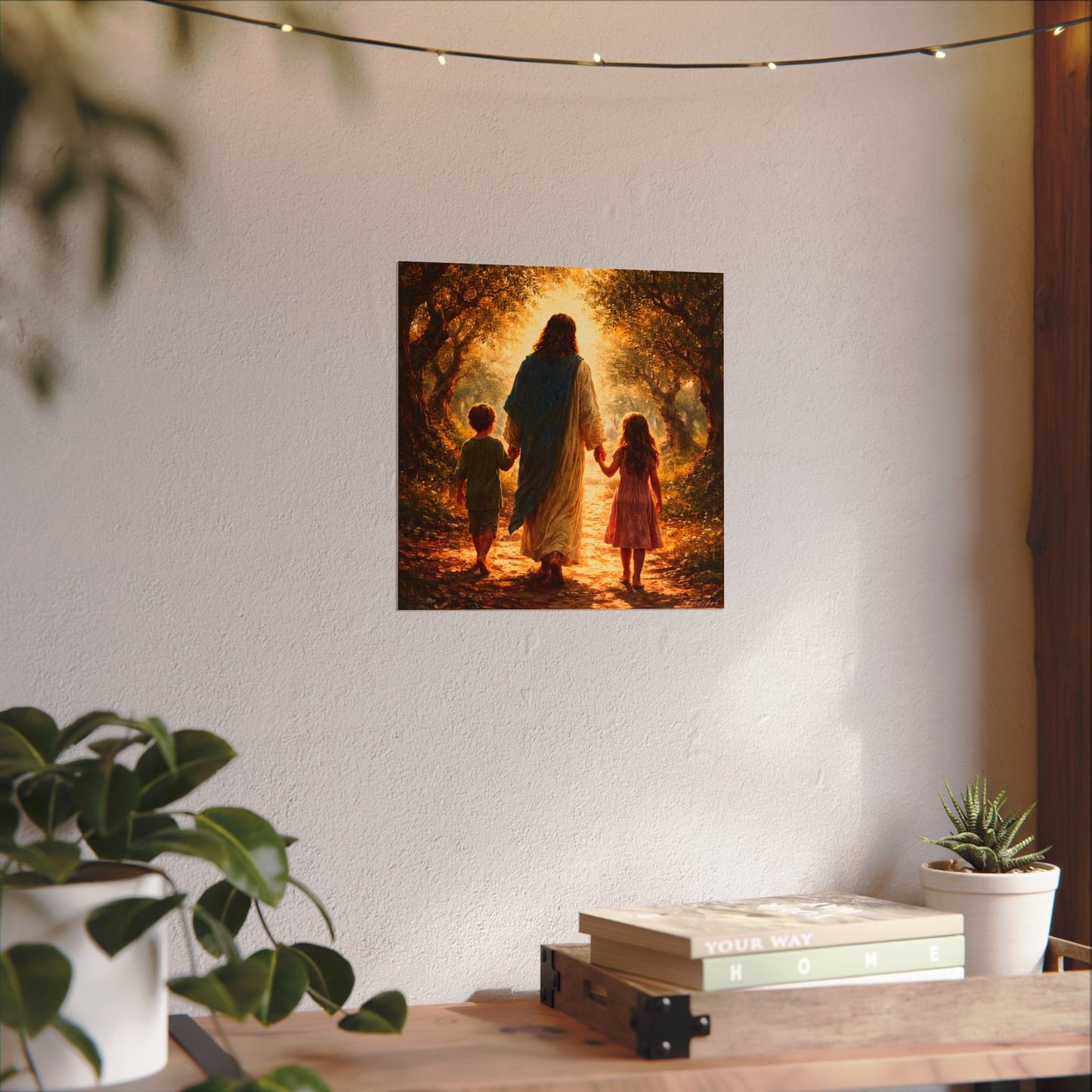 Jesus Walking with Children Watercolor Poster — Textured Matte Wall Art