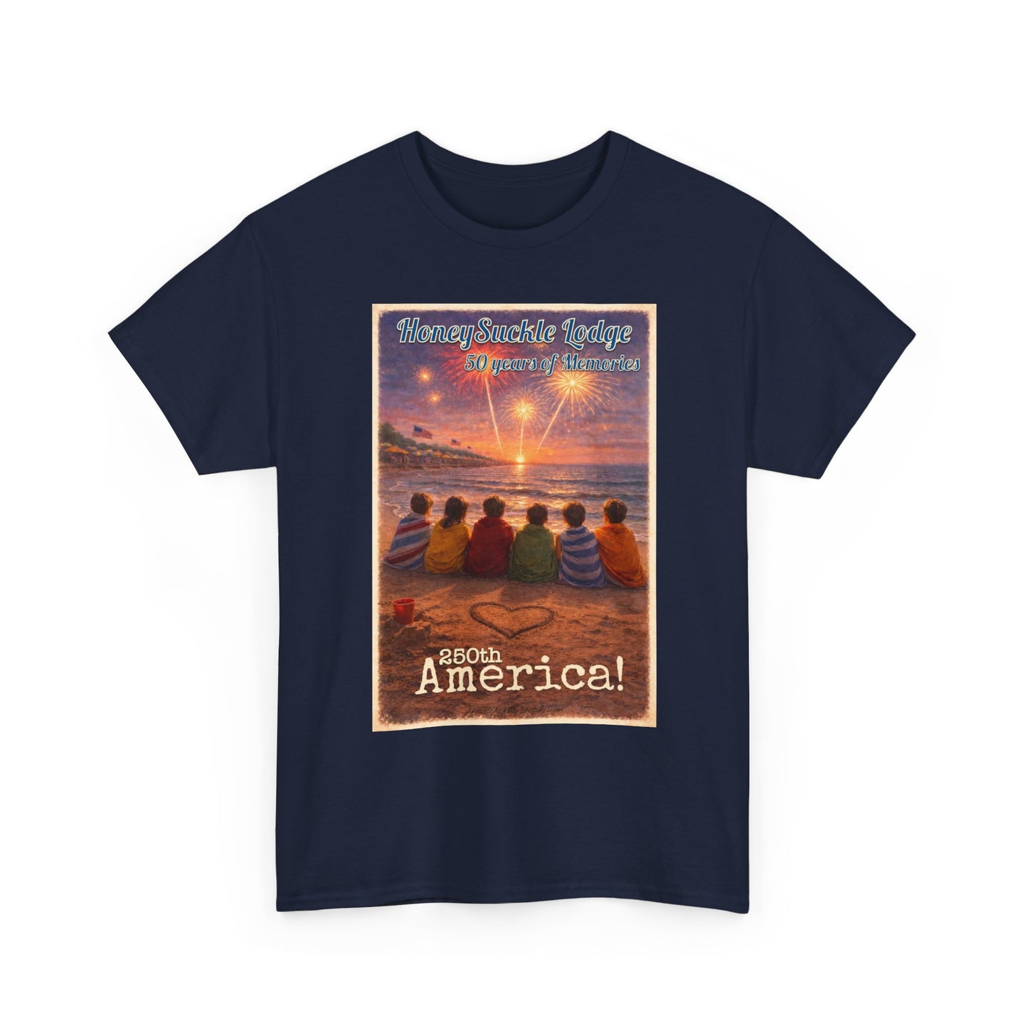 HoneySuckle Lodge 50th—Patriotic Sunset Beach T‑Shirt – 'God Bless America' Vintage Kids Watching Fireworks