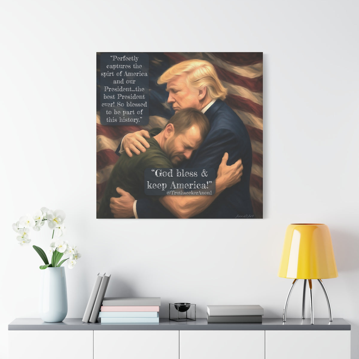 Trump Embrace Patriotic Canvas Wall Art — "God Bless & Keep America"