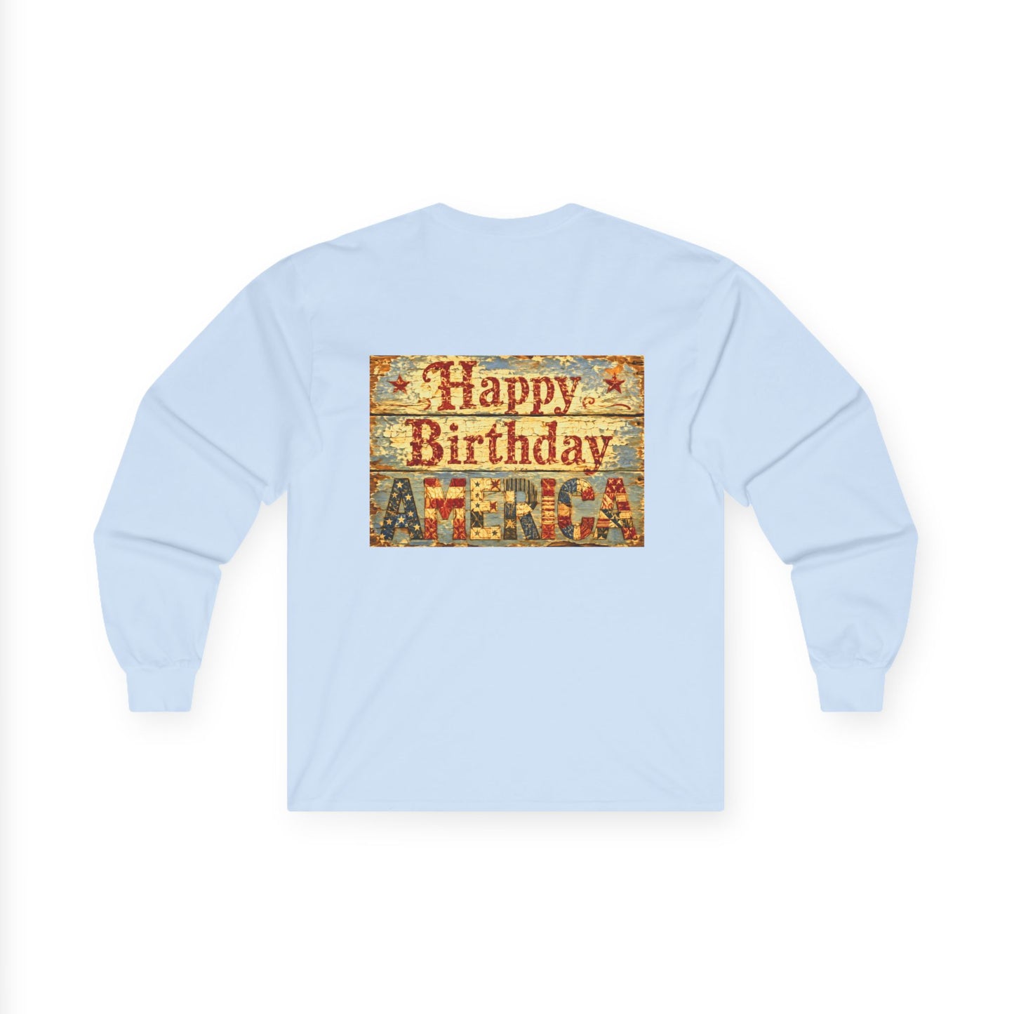 Long Sleeve Tee Front & Back Design — Vintage Americana Beach Scene & “Happy Birthday America”