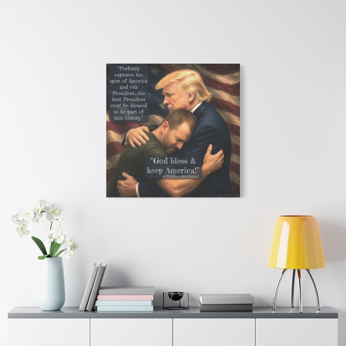 Trump Embrace Patriotic Canvas Wall Art — "God Bless & Keep America"