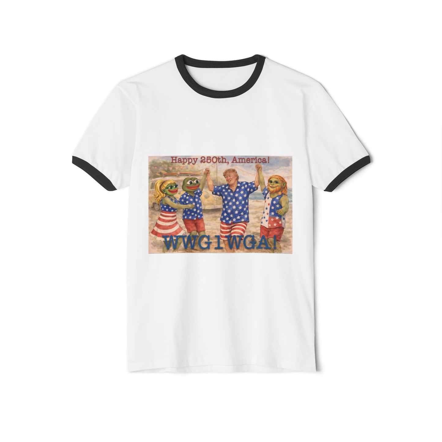 Patriotic Ringer T-Shirt — "Happy 250th, America!" WWG1WGA Graphic