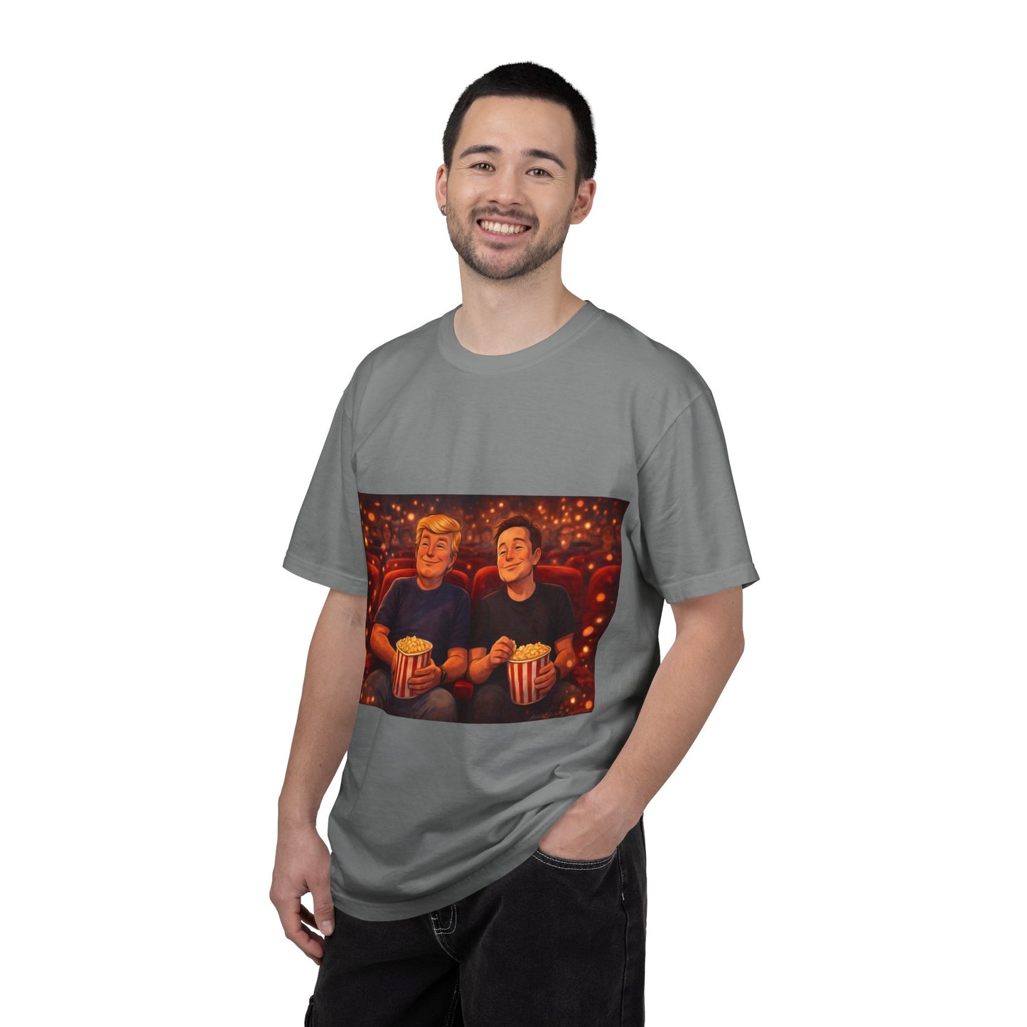 Trump & Elon—Movie Night Popcorn Tee — Cozy Cinematic Graphic T-Shirt