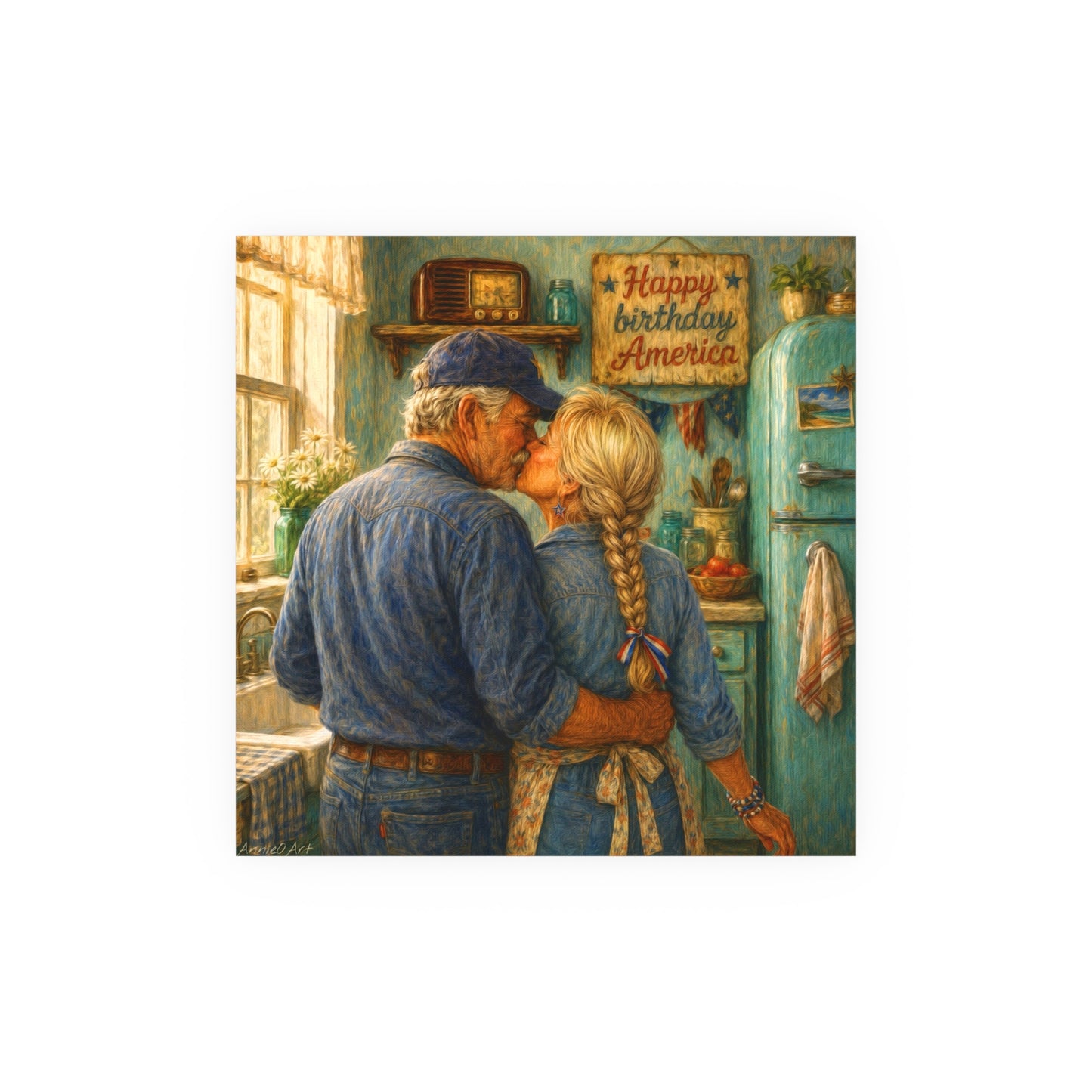 Romantic Country Kitchen Poster — Vintage Couple Kissing Satin/Matte Art Print