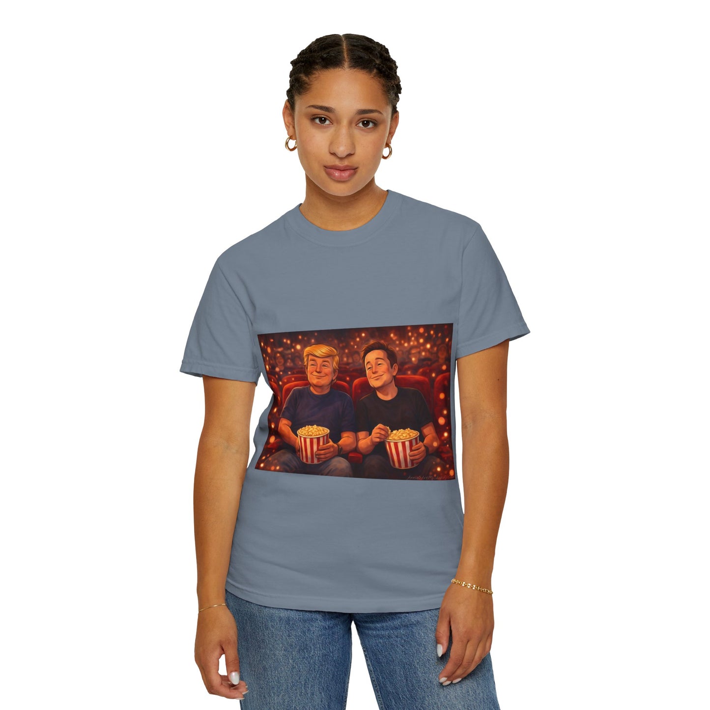 Trump & Elon—Movie Night Popcorn Tee — Cozy Cinematic Graphic T-Shirt
