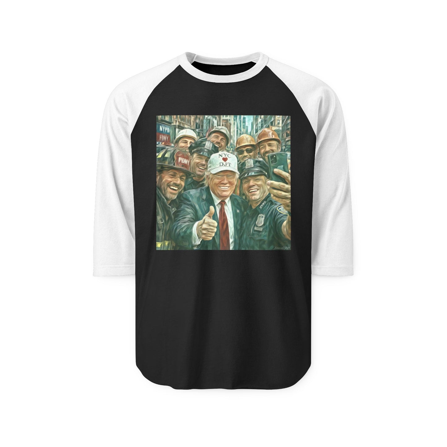 Trump “NYC❤️DJT” Raglan Shirt with Vintage Blue-Collar Selfie Graphic