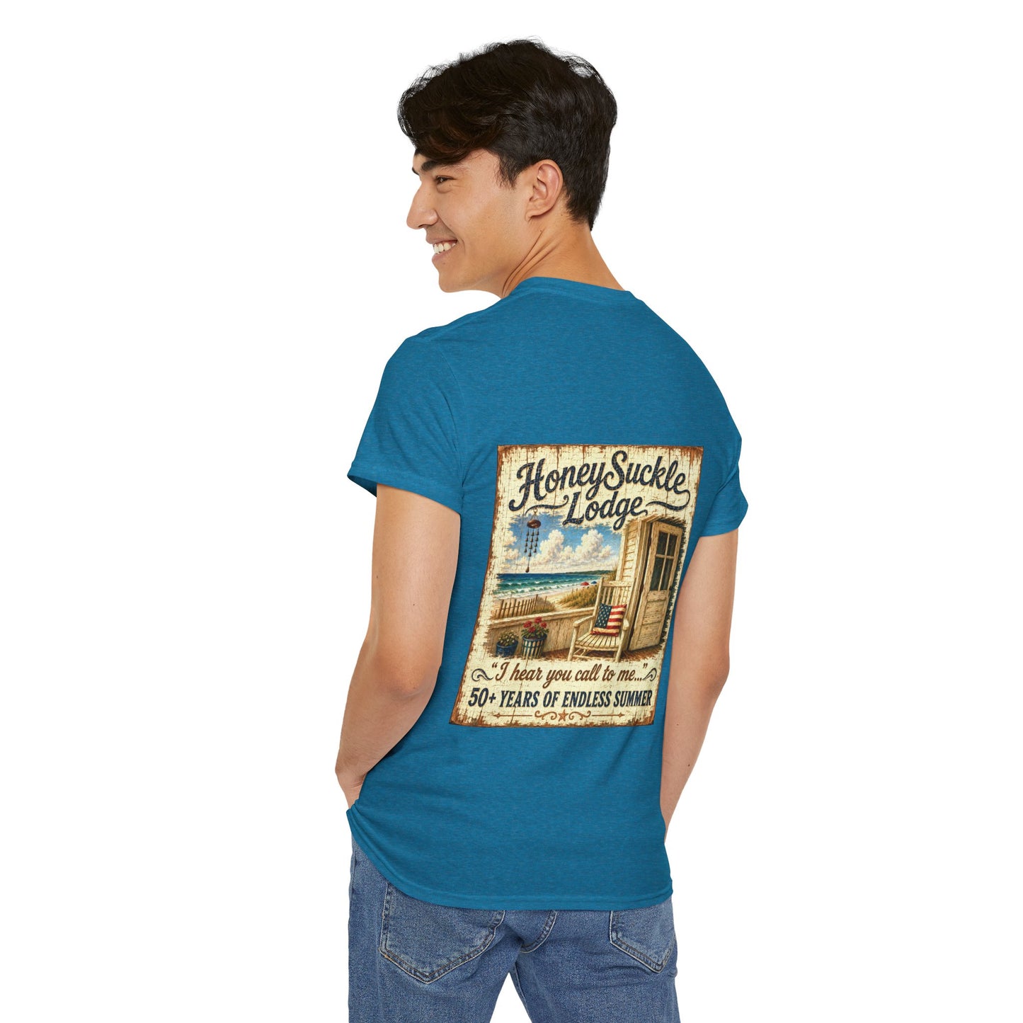 Vintage Beach T‑Shirt — 'Honeysuckle Lodge: 50+ Years of Endless Summer' Retro Seaside Tee