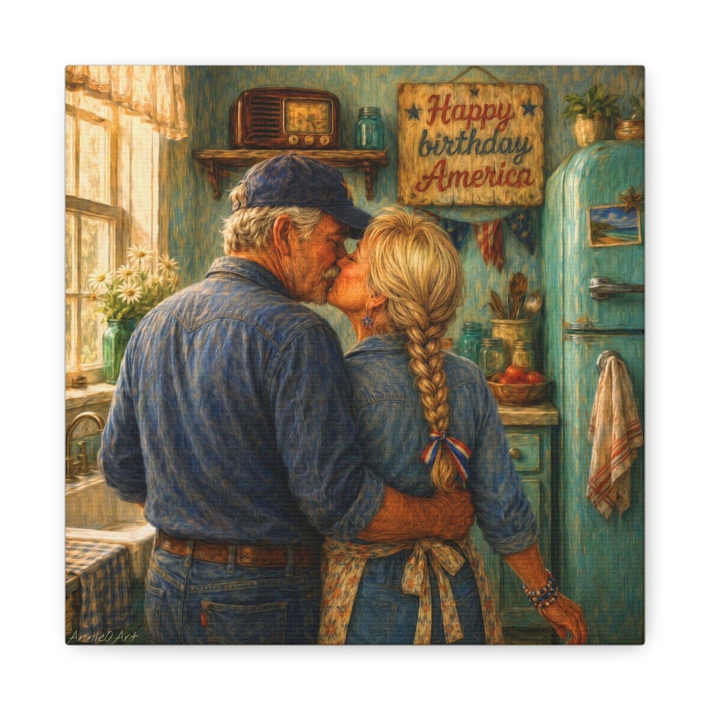 Patriotic Country Kitchen Canvas - "Happy Birthday America" Rustic Couple Wall Art