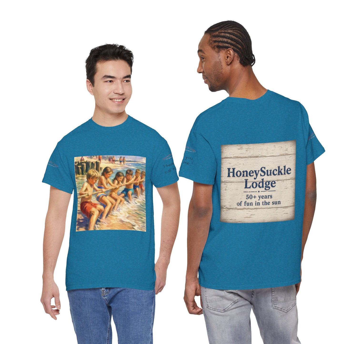 HoneySuckle Lodge Vintage Beach T-Shirt — "50+ years of fun in the sun" Retro Kids on Shore Design