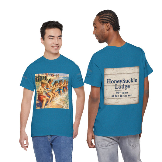 HoneySuckle Lodge Vintage Beach T-Shirt — "50+ years of fun in the sun" Retro Kids on Shore Design