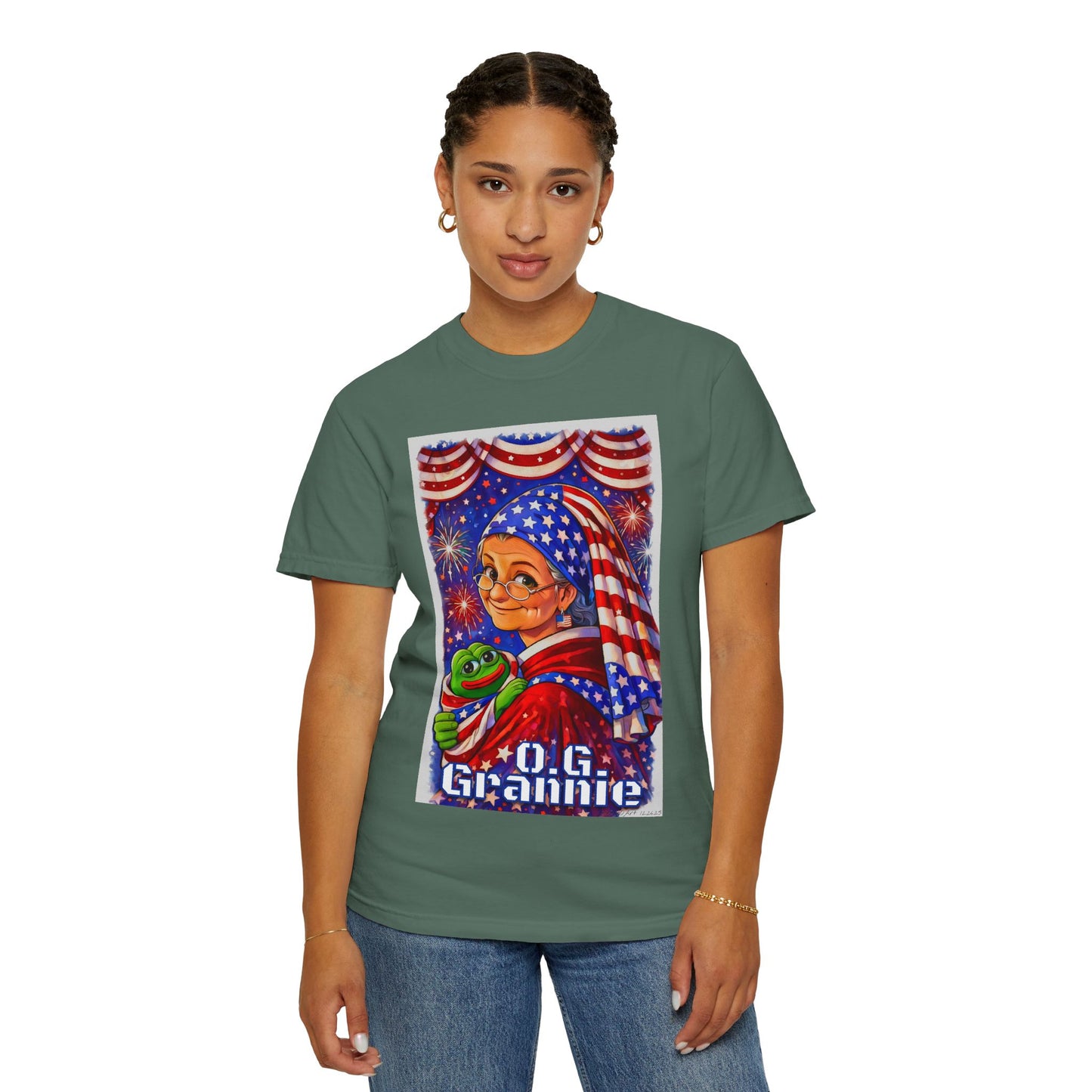 Grandmas Patriotic Original Gansta “OG Grannie” T-Shirt — American Flag Grandma w baby Pepe Graphic Tee