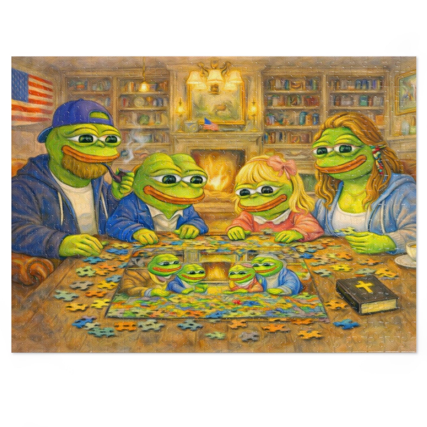 Family Game Night Jigsaw Puzzle with Tin — Cozy Cabin Pepe Frog Scene