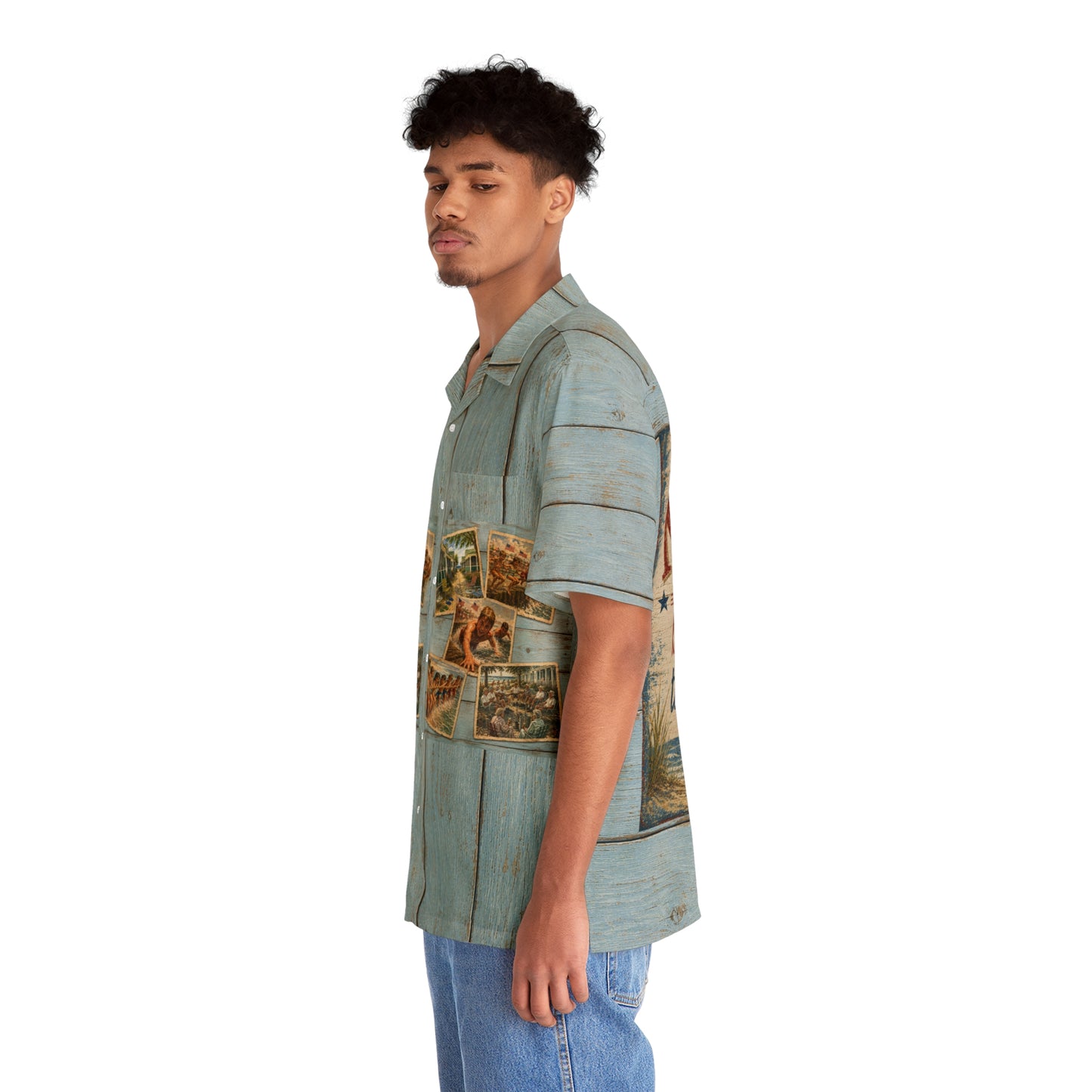 “NYC KID- Born in the City- Raised on the Beach” -Vintage Coastal Wood Plank Hawaiian Shirt
