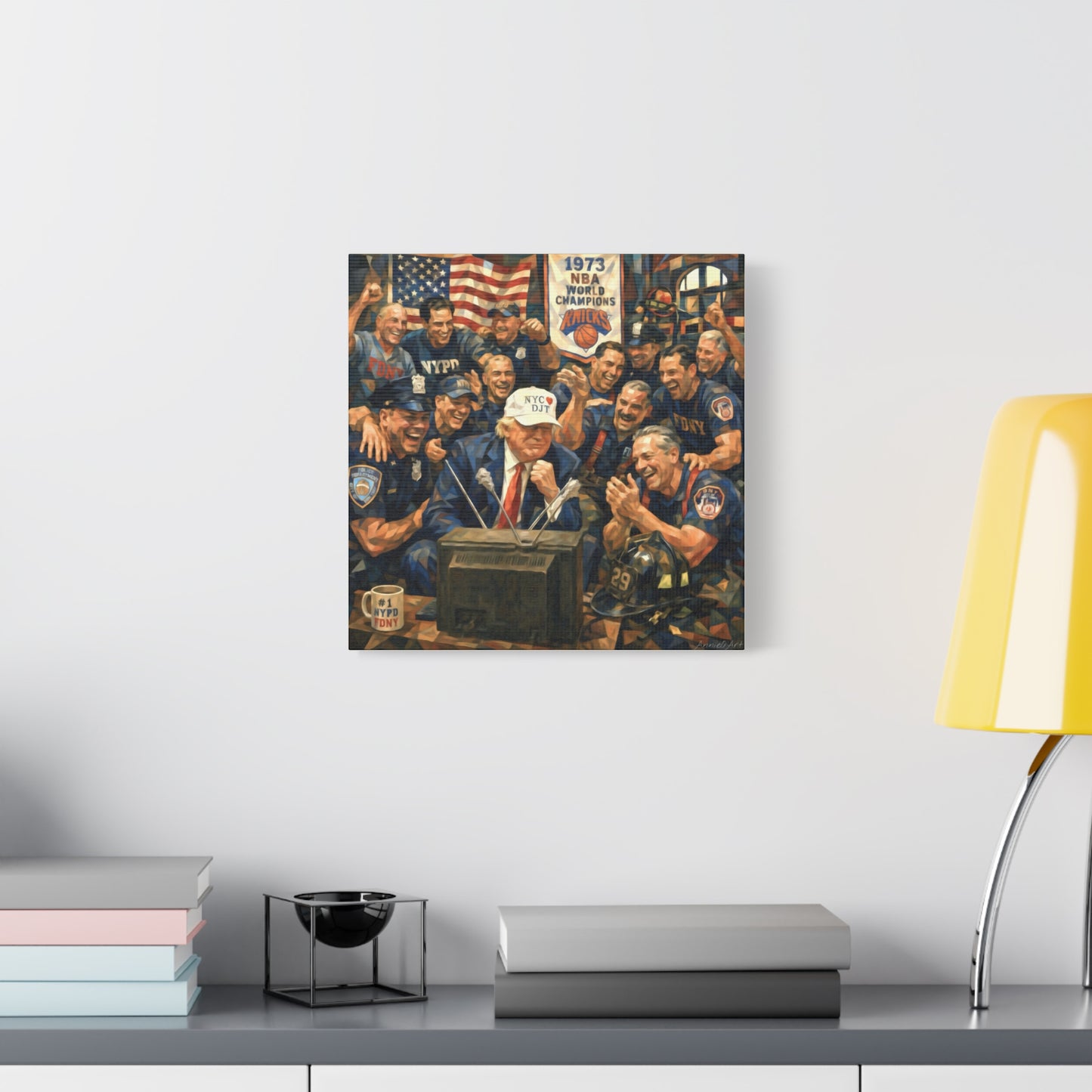 Trump Patriotic NYC Firefighters  Matte Stretched Canvas — Vintage NYPD Tribute Wall Art