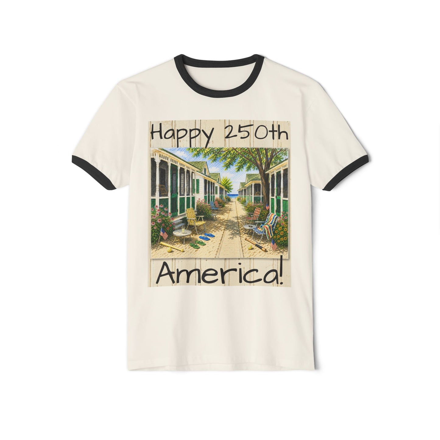 Happy 250th America Ringer T‑Shirt — Honeysuckle Lodge Vintage Beach Graphic