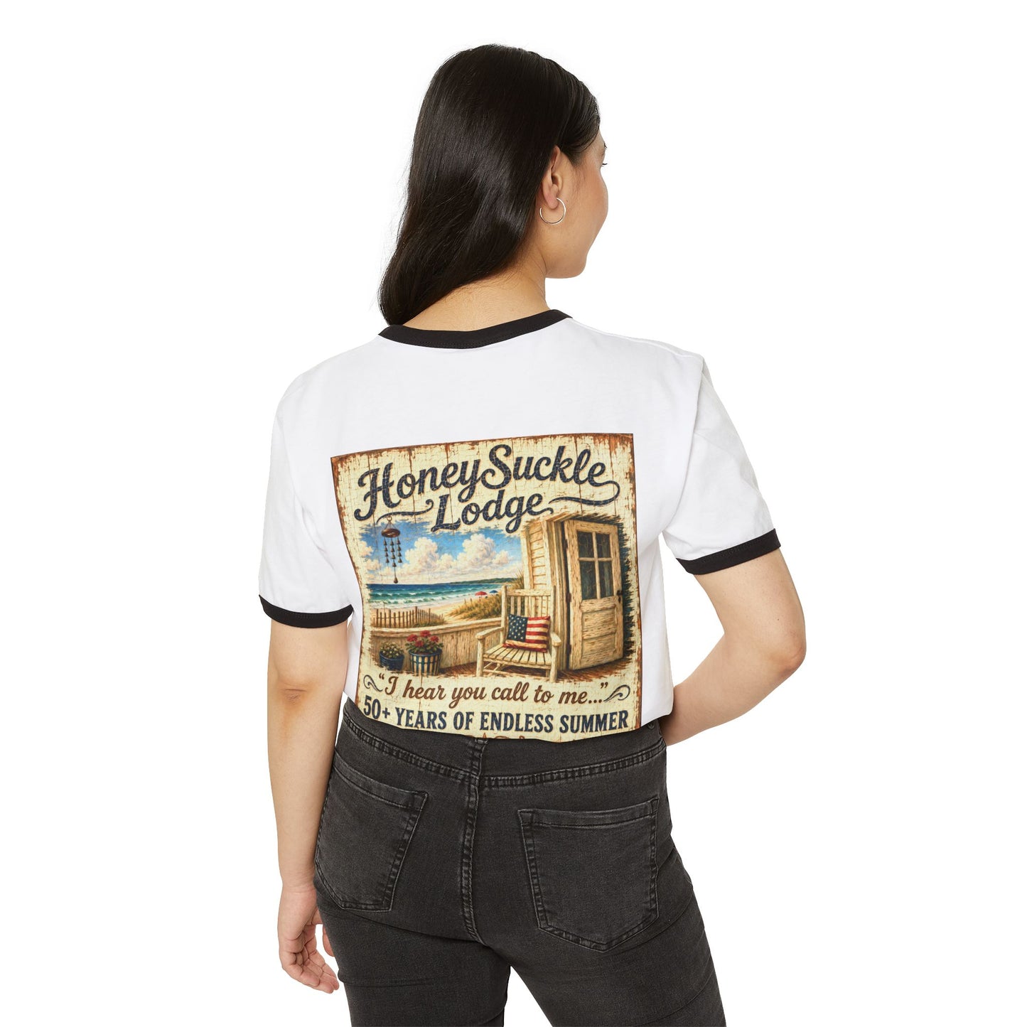 Happy 250th America Ringer T‑Shirt — Honeysuckle Lodge Vintage Beach Graphic