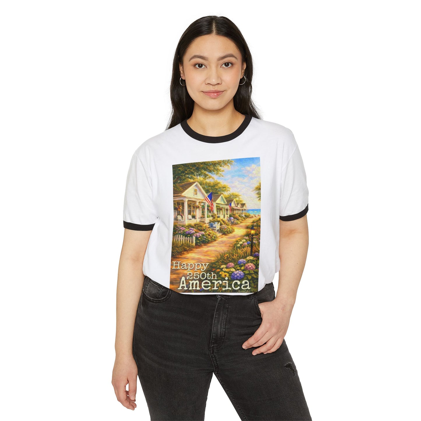 America 250th—4th of July Cottage Scene Ringer Tee