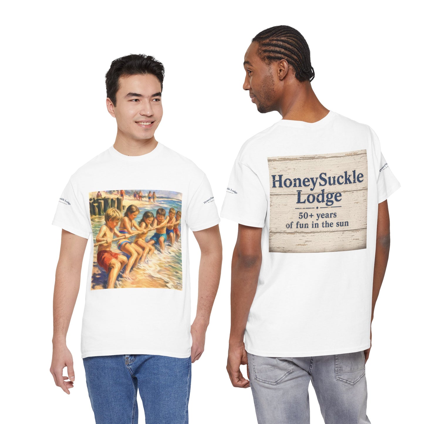 Honeysuckle Lodge Vintage Beach Print tee shirt front/back ("Honeysuckle Lodge - 50+ years of fun in the sun")