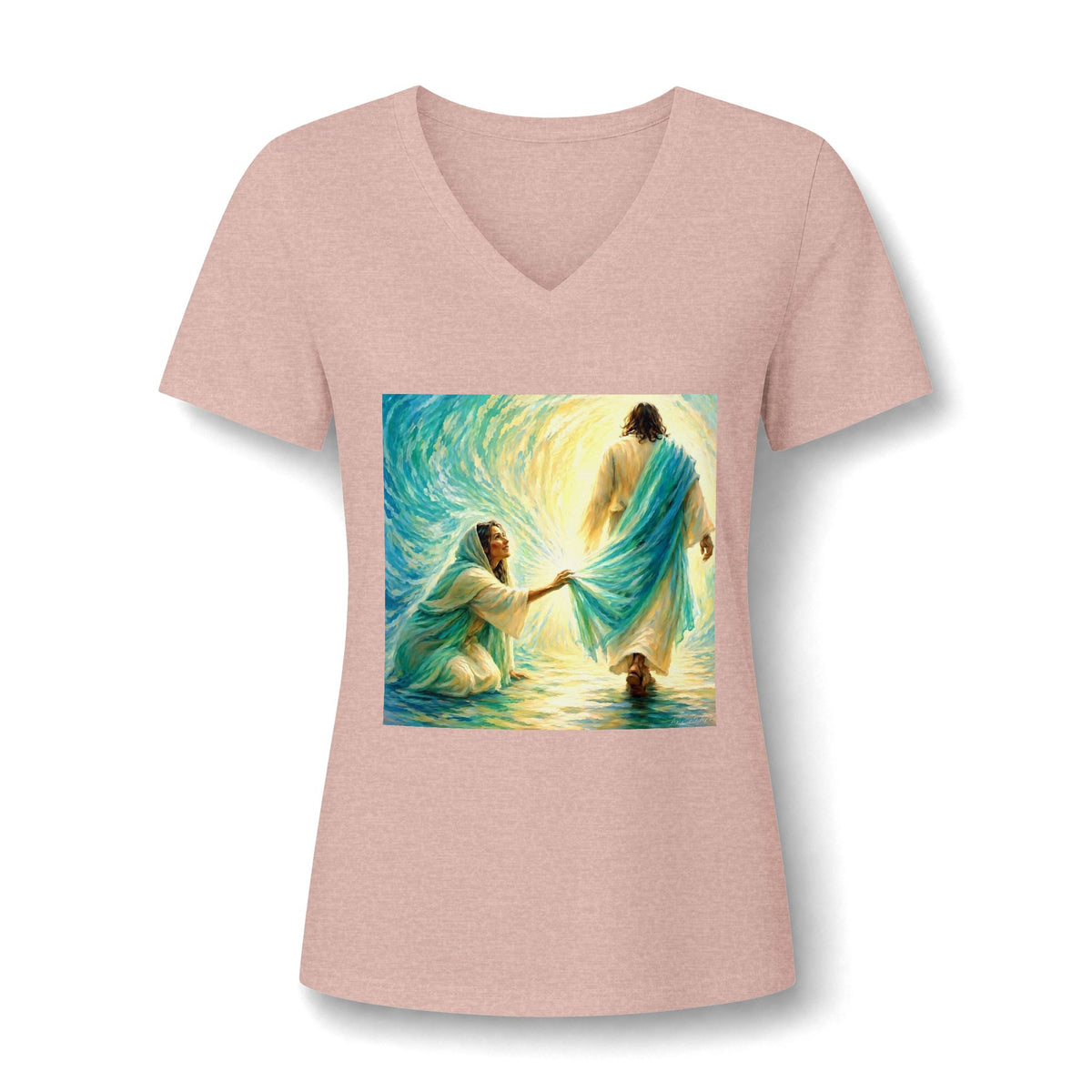 Women's V-Neck Tee — 'He Lifts Us' Christian Inspirational Graphic Shirt