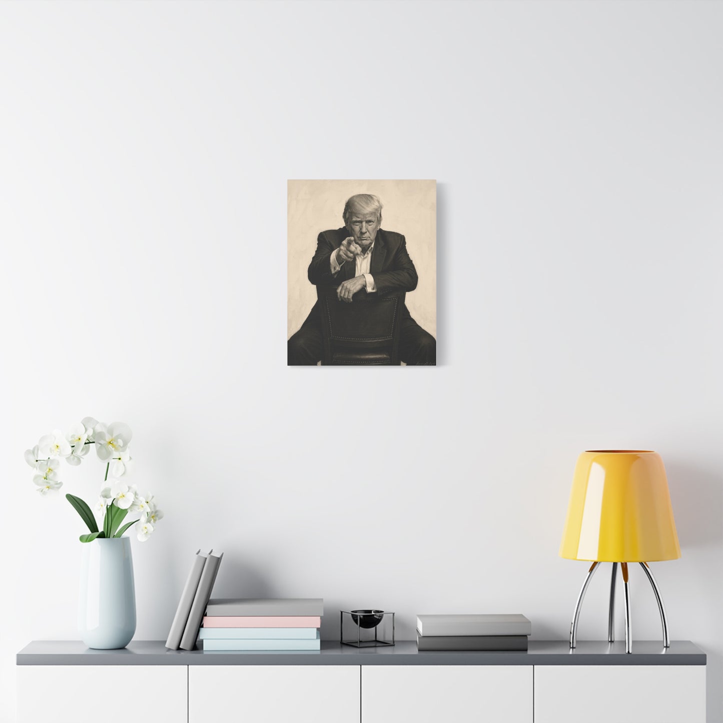 Trump Pointing Portrait Matte Canvas Print — Vintage-Style Seated Figure Wall Art